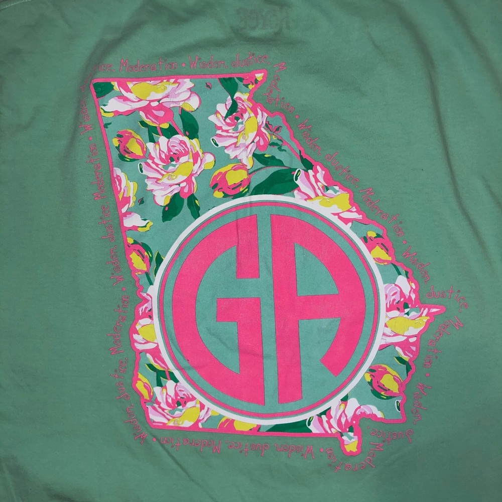 “Georgia” Floral Frocket Teal Pink V-Neck Tee Medium Preppy